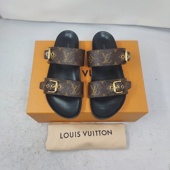 Louis Vuitton Brown Buckle Bom Dia Monogram Flat Slide Sandal - Picture 1 of 13
